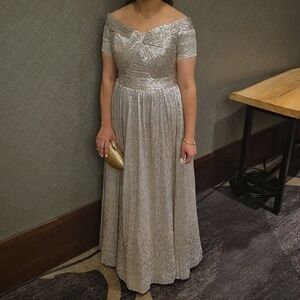 Aidan Mattox Silver Off-Shoulder Maxi Dress